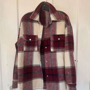 Women's Plaid Shirt Jacket - Burgundy and Cream